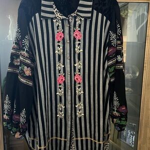 Floral Embroidered Striped Blouse w/Floral Embroidery  & burnout velvet accents